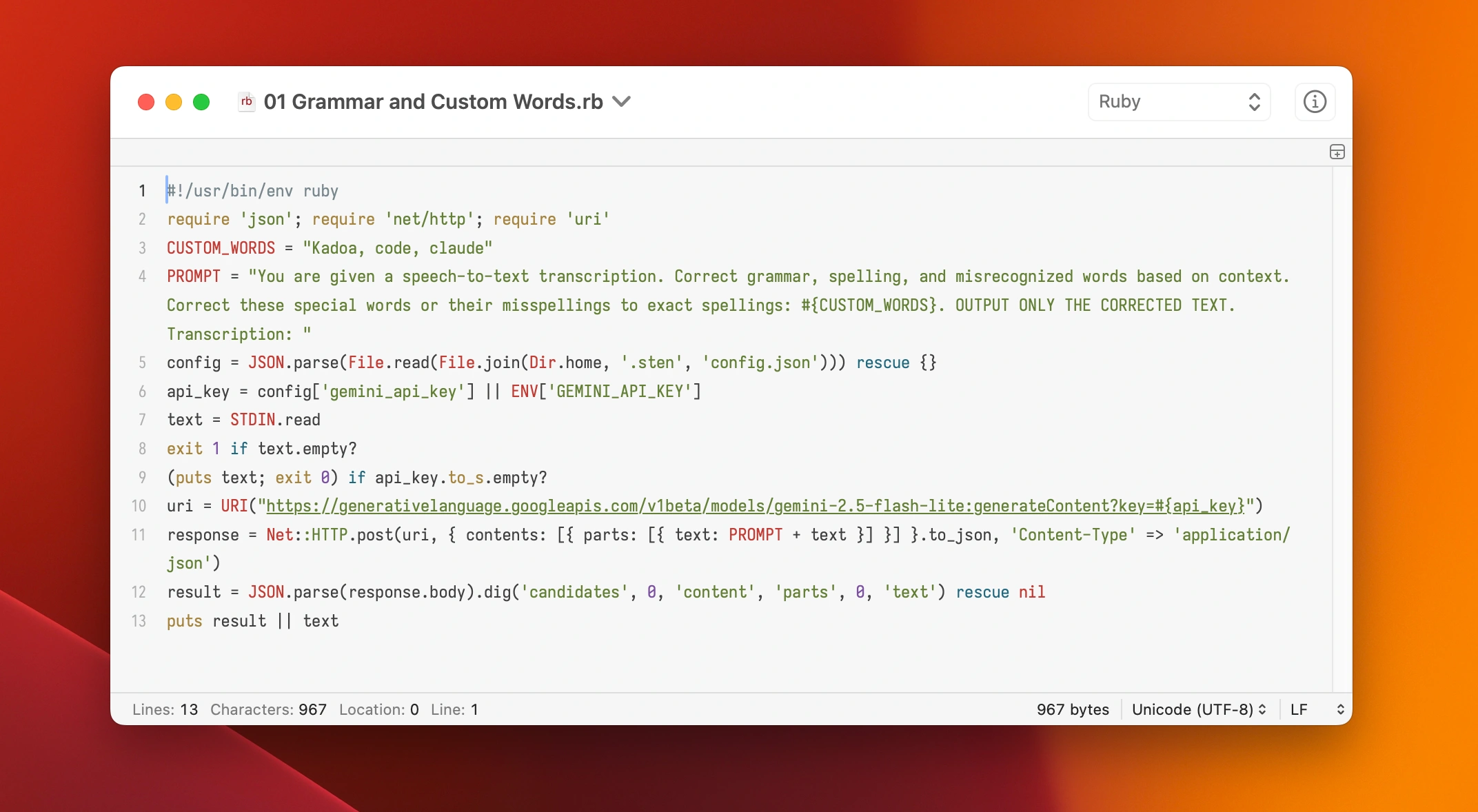 Example transform script that corrects grammar and custom words using an LLM